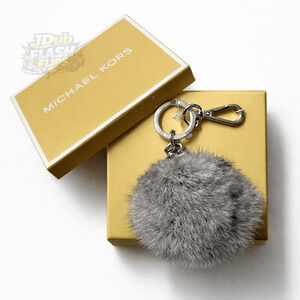 NWT MICHAEL Kors Large Real Fur Silver Rabbit Pom Pom Key Fob Bag Charm Gift Box